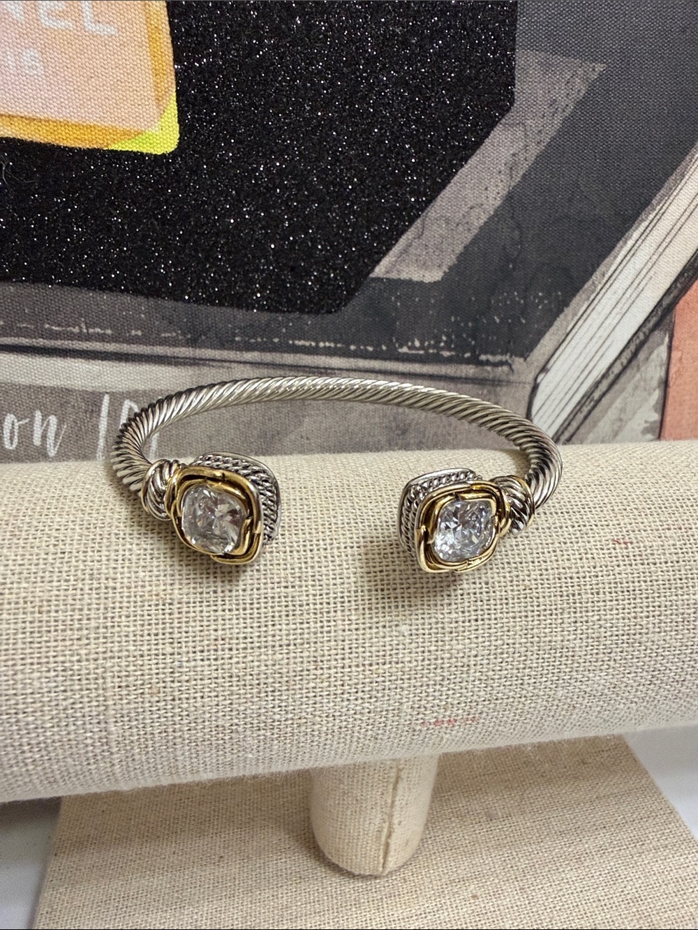 Two-Tone Silver and Gold Cable Cuff Bracelet with Crystal Ends